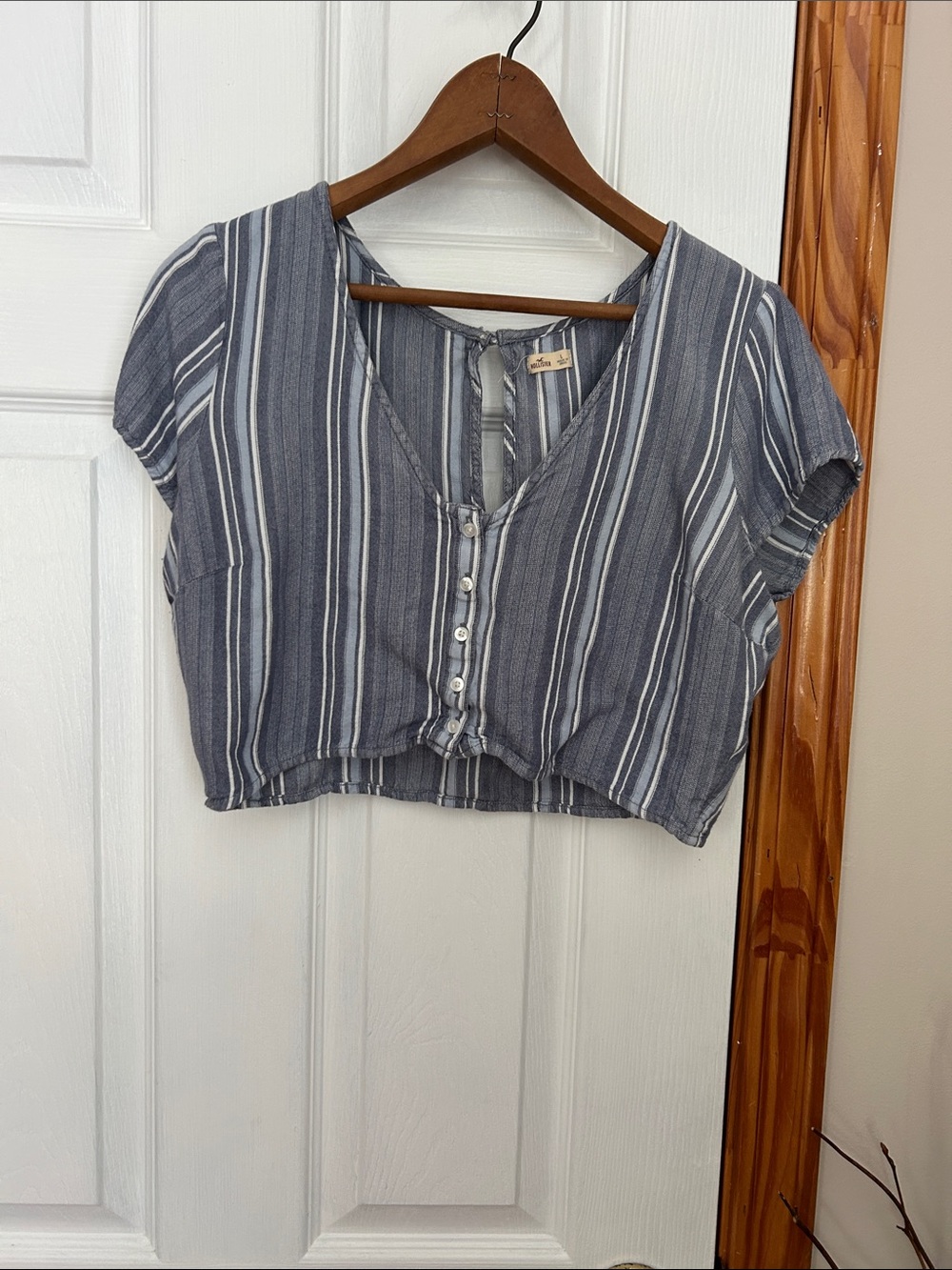 Hollister Navy and White Striped Crop Button Top